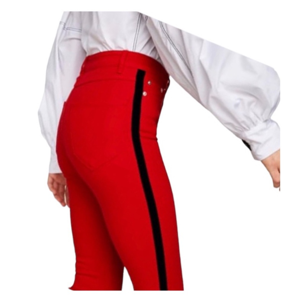 Zara Jeans Red jeans with black Velvet Side Stripe USA Size 2